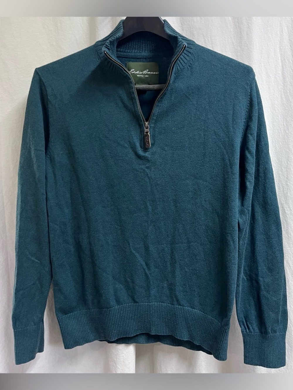 Eddie Bauer 1/4 Zip M Pullover Men Mock Neck Green Cashmere Blend Knit Sweater